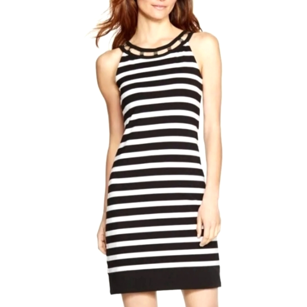 White House Black Market striped black and white shift dress women's size XXS